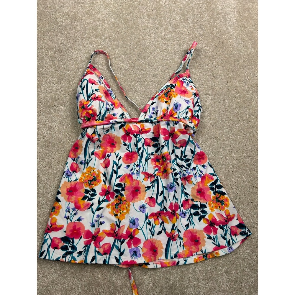 HULA‎ HONEY Women's Floral White Pink Tankini Top M Padded Nylon Spandex